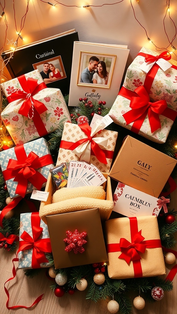 A festive arrangement of Christmas gifts including a photo album, gift basket, blanket, tickets, and subscription box.